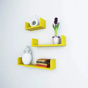 MDF Handmade Home Decor U-Shaped Wall Rack Shelf/Book Shelf - Pack of 3 Yellow