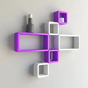 MDF Cube and Rectangle Wall Shelf -Set of 6 Purple & White