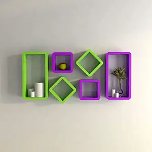 MDF Cube and Rectangle Wall Shelf -Set of 6 Purple & Green