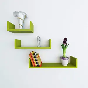 MDF Handmade Home Decor U-Shaped Wall Rack Shelf/Book Shelf - Pack of 3 Green