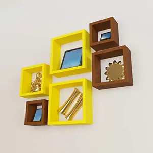 Wall Shelf Rack Nesting Square Wall Shelves Pack of 6-Brown & Yellow