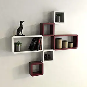 MDF Cube and Rectangle Wall Shelf -Set of 3 Brown & White