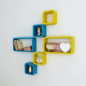 MDF Cube and Rectangle Wall Shelf -Set of 6 Yellow & Blue