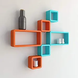 MDF Cube and Rectangle Wall Shelf -Set of 6 Blue & Orange