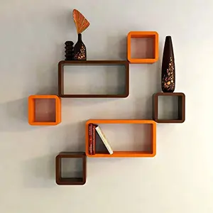 MDF Cube and Rectangle Wall Shelf -Set of 6 (Orange and Brown)