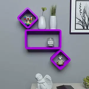 MDF Cube and Rectangle Wall Shelf -Set of 3 Purple