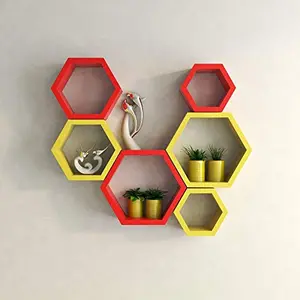MDF Hexagon Shape Floating Wall Shelves - Set of 6 (Red & Yellow)