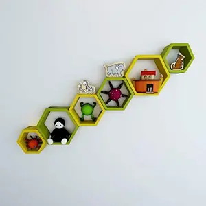 MDF Hexagon Shape Floating Wall Shelves - Set of 6 (Green & Yellow)