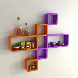MDF Cube and Rectangle Wall Shelf -Set of 6 Purple & Orange