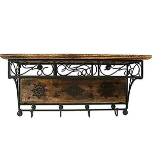 Wooden and Wrought Iron Hand Carved Wall Bracket Shelf with 4 Key Hook (Brown Standard Size)