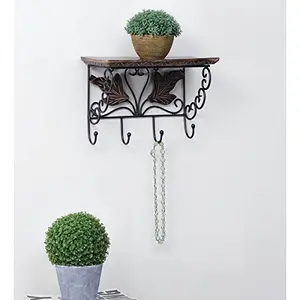 Wooden & Wrought Iron Hand Carved Wall Bracket Shelf with 4 Key Hook