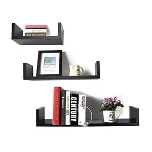 MDF Handmade Home Decor U-Shaped Wall Rack Shelf/Book Shelf - Pack of 3 Black