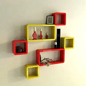 MDF Cube and Rectangle Wall Shelf -Set of 6 Yellow & Red