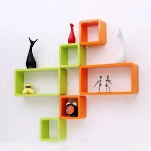MDF Cube and Rectangle Wall Shelf -Set of 6 Green & Orange