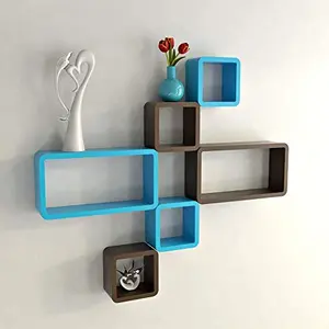 MDF Cube and Rectangle Wall Shelf -Set of 6 Brown & Blue