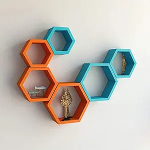 MDF Hexagon Shape Floating Wall Shelves - Set of 6 (Orange & Sky Blue)