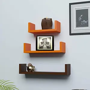 MDF Handmade Home Decor U-Shaped Wall Rack Shelf/Book Shelf - Pack of 3 Brown & Orange