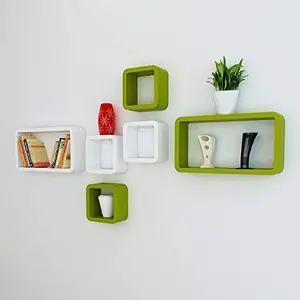 MDF Cube and Rectangle Wall Shelf -Set of 6 Green & White