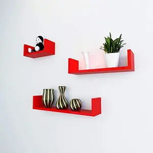 MDF Handmade Home Decor U-Shaped Wall Rack Shelf/Book Shelf - Pack of 3 Red