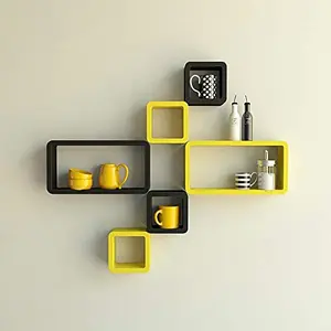 MDF Cube and Rectangle Wall Shelf -Set of 6 Yellow & Black