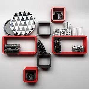 MDF Cube and Rectangle Wall Shelf -Set of 6 Red & Black