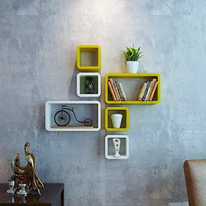 MDF Cube and Rectangle Wall Shelf -Set of 6 Yellow & White