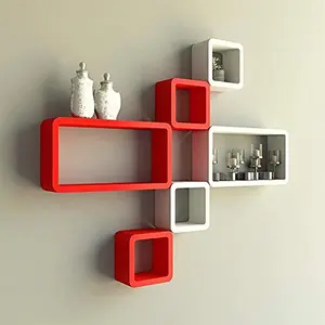 MDF Cube and Rectangle Wall Shelf -Set of 6 Red & White