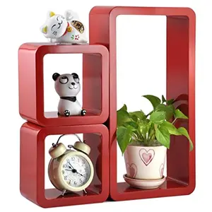 MDF Cube and Rectangle Wall Shelf -Set of 3 Red