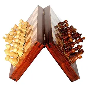 Collapsing Chess Board Set Wooden Game Handmade Classic Game of Brilliance Small Chess Pieces 8 Inches (Non - Magnetic)