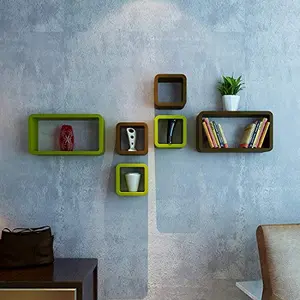 MDF Cube and Rectangle Wall Shelf -Set of 6 Brown & Green