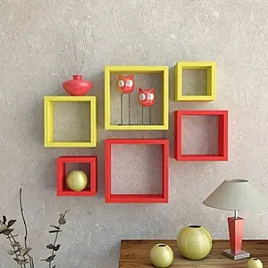 Wall Mount Shelves Square Shape Set of 6 Wall Shelves -Yellow & Red
