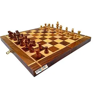 Wooden Folding Chess Board Set Wooden Game Handmade Classic Game of Brilliance / Standard Classic Chess Board Game Foldable (Non-Magnetic) Small Chess Pieces 16x16 Inches