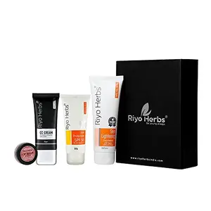 Riyo Herbs Daily Complexion Care Gift Box Set | Lightening Facewash Sunscreen SPF50 CC Cream Contains SPF Rose Lip Balm | for Women & Men - Net Vol 191ml