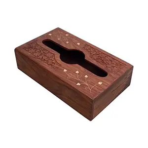 Brown Sheesham Wood and Brass Tissue Box with Kashmiri Carving and Brass Inlay Work