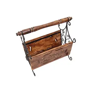 Wooden & Iron Magazine Holder with Handcarving Work Size(LxBxH-14.5x7.5x13)