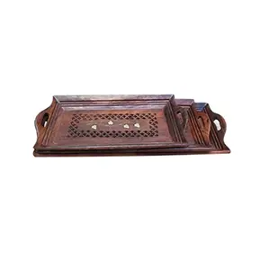 Wooden Serving Tray Set Hand Carved (Brown 1-15 x 6 inch 2-13 x 6 inch 3-11 x 6 inch)