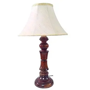 Wooden Designer Table Lamp with 12" Round Slanting Cream-Khadi with Lace Border Lamp Shade