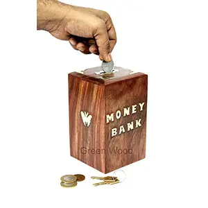 Wooden Money Bank - Large Piggy Bank-Home Decor Coin Box for Kids Size - 6x4x4 Inches