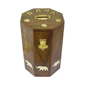 Wooden Handmade Octagonal Shape with Brass Elephant Each Side Coin Bank | Coin Box | Money Bank for Coins and Money for Kids and Adult