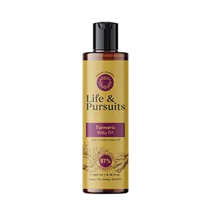 Life & Pursuits Turmeric Body Oil (200 ml) Ayurveda Moisturizing Massage Oil for Skin & Face Made with Organic Coconut Oil Argan Oil Almond Oil Castor Oil & Rose Oil