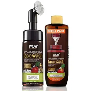 WOW Skin Science Apple Cider Vinegar Foaming Face Wash Save Earth Combo Pack- Consist of Foaming Face Wash with Built-In Brush & Refill Pack - No Parabens Sulphate Silicones & Color - Net Vol. 350mL