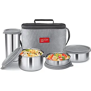 Milton Delicious Combo Stainless Steel Insulated Tiffin (1 Tumbler and 3 Container) Set of 4 Grey