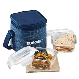 Borosil Indigo Glass Lunch Box Set of 2 320 ml Vertical Microwave Safe Office Tiifin