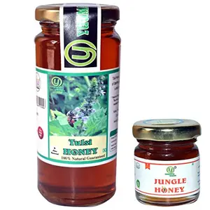 Yugmantra Organic Foods -100 % Pure Raw Natural Unprocessed Tulsi Forest Honey 325 gm with Free Jungle Raw Honey 55 GMS !! Immunity Booster !! in Glass Bottles