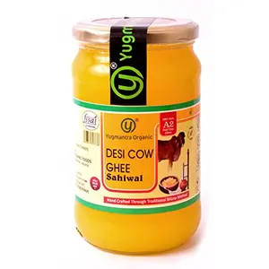 Yugmantra Organic Foods - 100 % Pure Natural A2 Milk Desi Sahiwal Cow Ghee -600 ML in Glass Bottle Prepared from Vedic Bilona Method