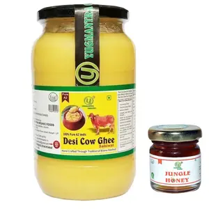 Yugmantra Organic Foods 100 % Pure Natural A2 Milk Sahiwal Cow's Grass-Fed Desi Ghee Prepared Curd by Traditional Vedic Bilona Padati - in Glass Bottle (1 litre + 55 GMS Tulsi Honey free )