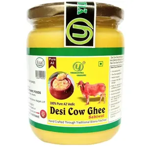 Yugmantra Organic Foods 100 % Pure Natural A2 Sahiwal Cow Milk Handmade Desi Ghee | From Bilona Curd Method | Grassfed Golden Grainy Natural Vedic & Fresh | Immunity Booster | Glass Jar 500 Ml