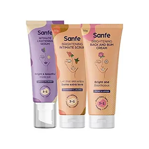 Sanfe Intimate Lightening Serum With Brightening Back And Bum Cream and Cranberry Intimate Scrub- 50gm Each | serum | moisturizer | scrub | body and intimate scrub |