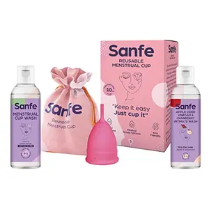 Sanfe FDA Approved Silicone Reusable Menstrual Cup - Small Size with Pouch Mini Apple Cider Vinegar & Cranberry Intimate Wash & Cup Wash | Ultra Soft Period Cup Made with Liquid Medical Grade Silicone Protection