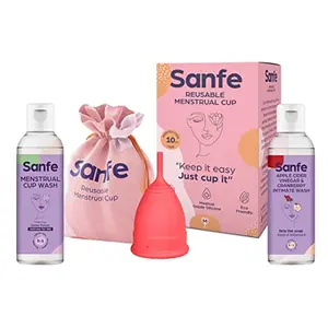 Sanfe Reusable Menstrual Cup - Medium Size with Pouch Mini Apple Cider Vinegar & Cranberry Intimate Wash & Cup Wash | Ultra Soft Period Cup Made with Liquid Medical Grade Protection (FDA Approved )